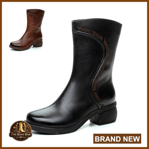 Genuine Leather Chunky Block Heel Mid Calf Boots Side Zipper Casual